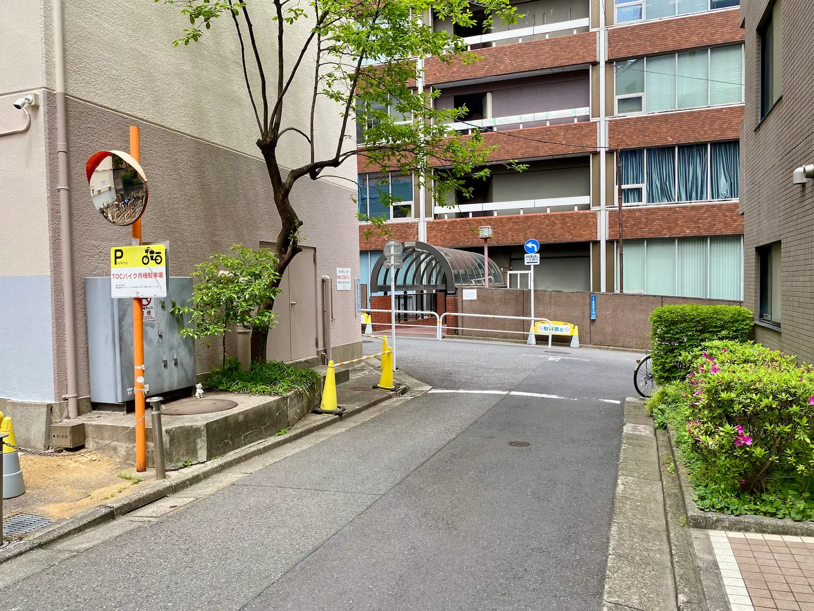 駐車場の案内板と建物入口方面の通路